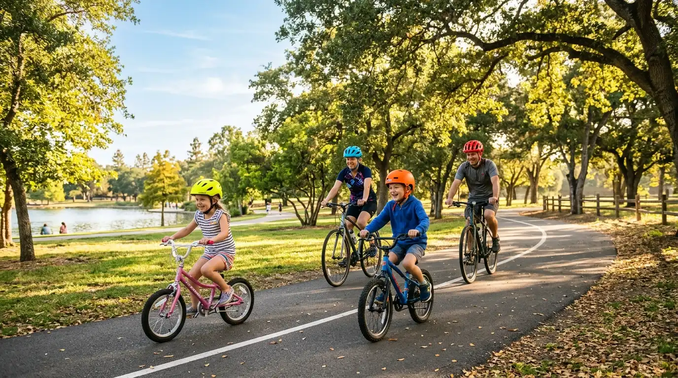 Family riding bicycles on path