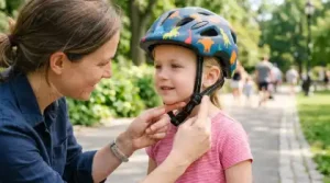 Mother checking child's helmet