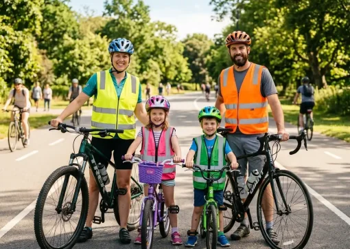 Family standing with bicycles